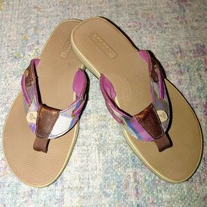 🩴🐟Sperry Top‑Sider Seafish Flip‑Flop Sandals – Women’s 5.5 – Plaid & Leather